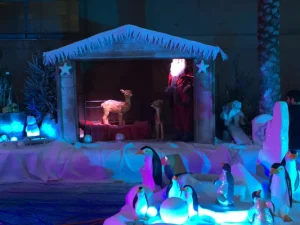 Décor de Noël féérique avec sapins illuminés et espace photo pour événements festifs