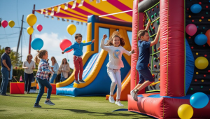 Familles et enfants participant à des animations ludiques pendant un forum des associations en plein air