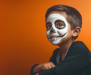Enfant souriant avec un maquillage de squelette blanc et noir sur le visage, sur fond orange, ambiance Halloween festive