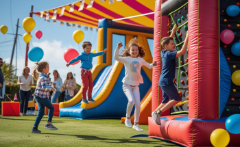 Familles et enfants participant à des animations ludiques pendant un forum des associations en plein air