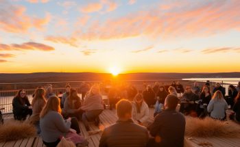 Team building au coucher du soleil - groupe de collaborateurs partageant un moment convivial sur terrasse panoramique